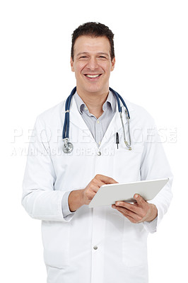 Buy stock photo Studio portrait of a smiling doctor holding a digital tablet and smiling at the camera