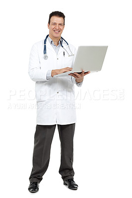 Buy stock photo Man portrait, doctor and laptop for healthcare in studio, online consulting service and white background. Male person, heart specialist and surgeon to plan schedule, monitor feedback and website