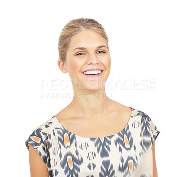 Buy stock photo Confident, fashion and portrait of woman in studio with blouse for corporate, trendy and professional outfit. Smile, happy and face of female person from Canada with office style by white background.