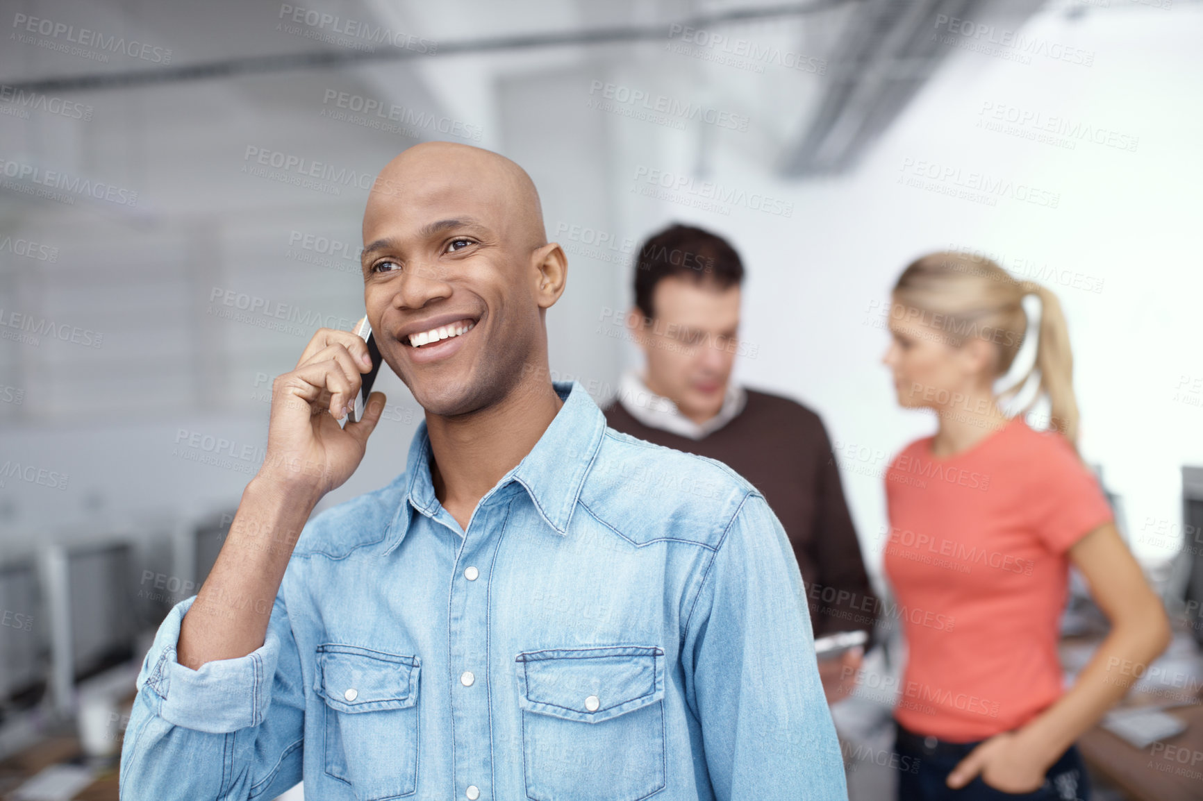 Buy stock photo Office, businessman and smile with phone call for discussion, networking and listening to contact. Workplace, employees and journalist with mobile for communication, publication or source for article