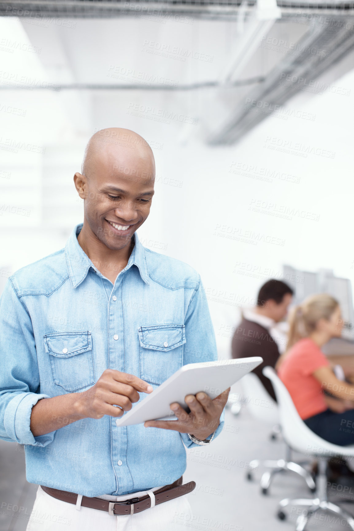 Buy stock photo Office, businessman and scroll with tablet for creative agency, article research and information online. Career, mentor and journalist with digital for media press, technology publication and smile