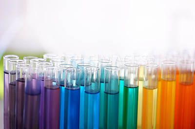 Buy stock photo Closeup of test tubes filled with colourful liquid