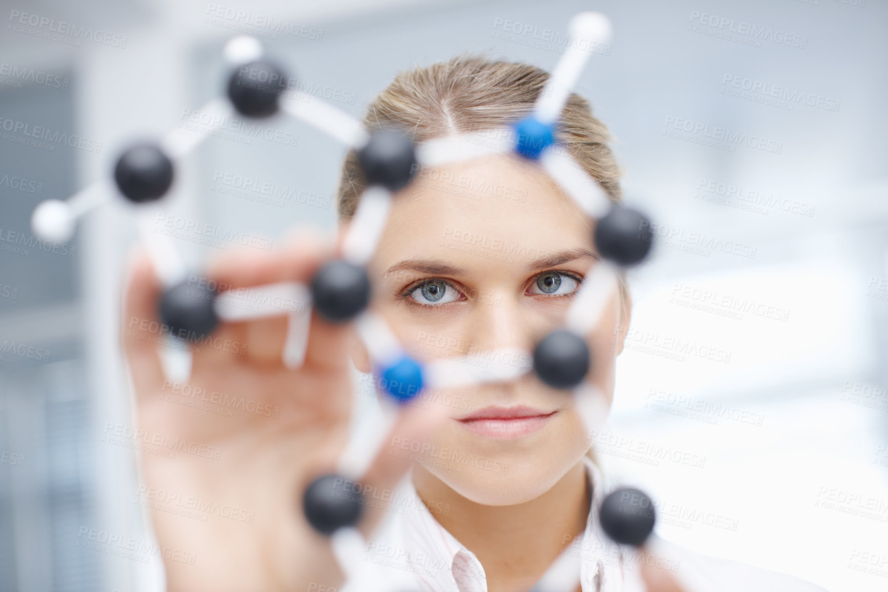 Buy stock photo Scientist, laboratory or woman with molecule structure for theory testing or behavior of atom. Science research, professional or 3D model analysis for DNA construction or compound property prediction