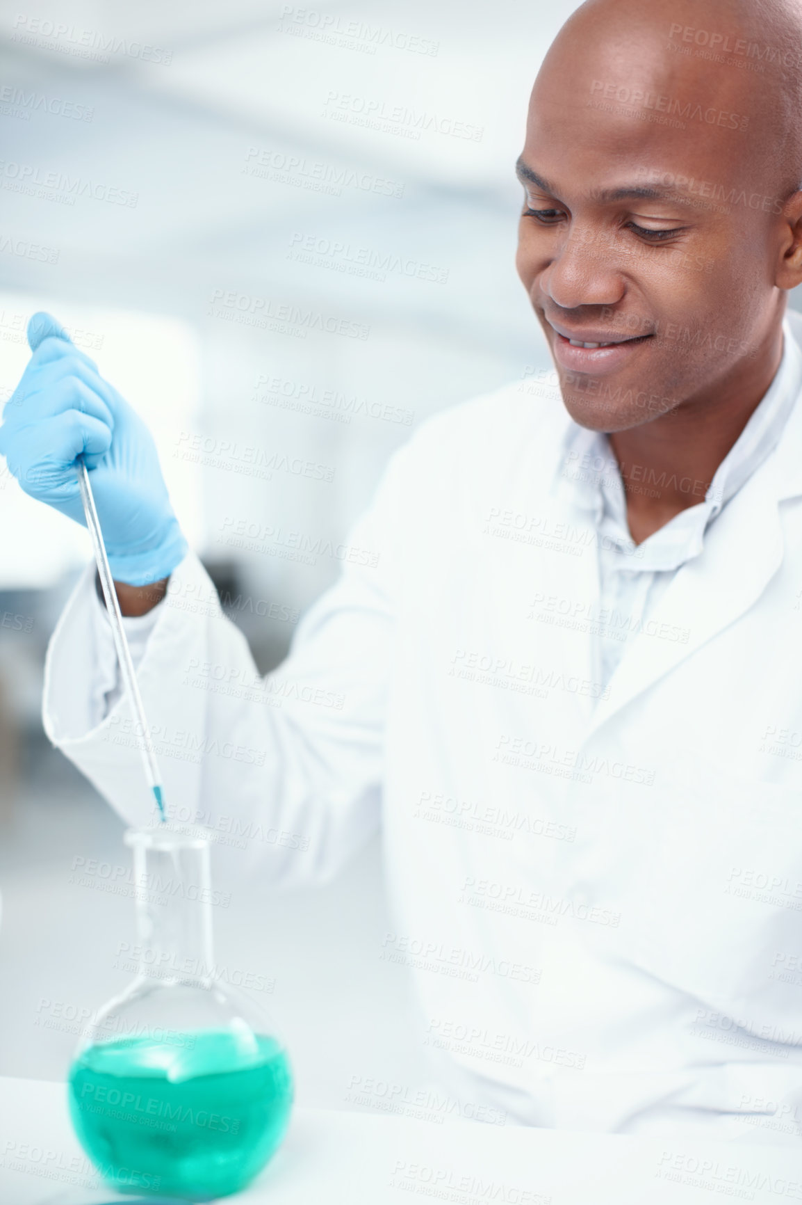 Buy stock photo Man, scientist and dropper with beaker in laboratory, medical study and tool for chemical measurement. African person, doctor and container for pharmacology research, expert and reaction experiment