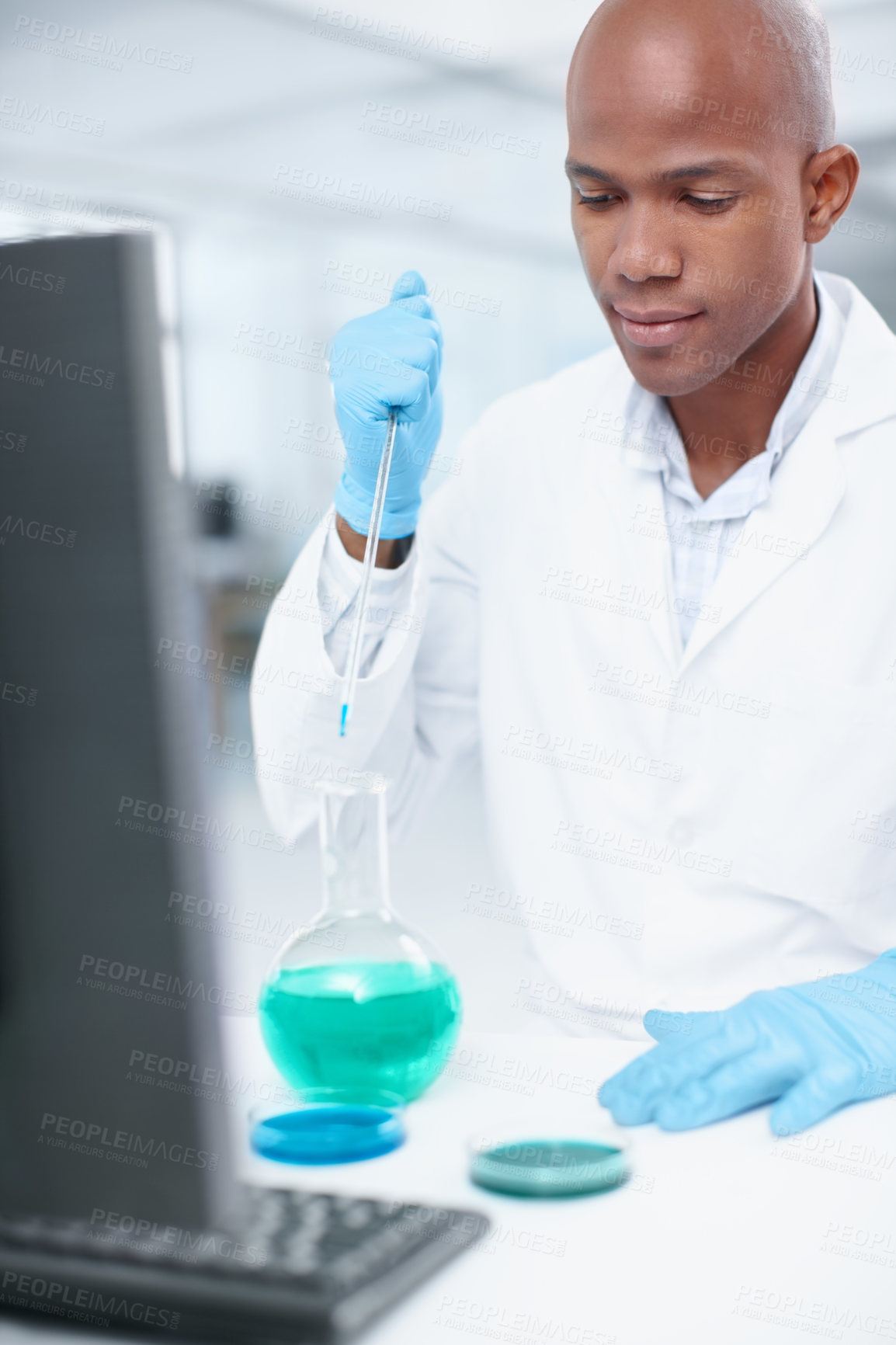 Buy stock photo Black man, scientist and dropper with beaker for chemical experiment, test or exam at lab. Male person, chemist or pharmacist with liquid compound, sample or tube for mixture, chemistry or discovery
