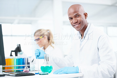 Buy stock photo Portrait, man and woman in laboratory with liquid, solution or confidence in science study. Happy, scientist or medical team with research in biotech, pharmaceutical innovation or vaccine development