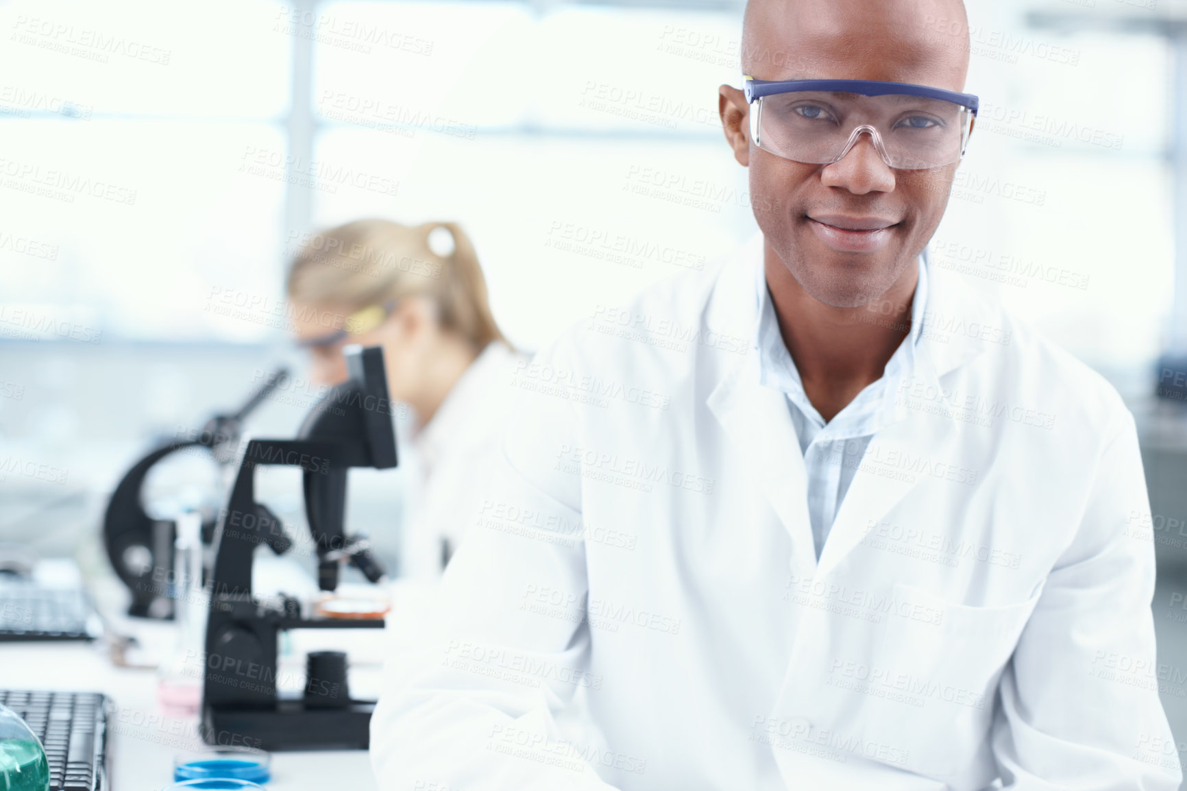 Buy stock photo Medical, research and microscope with portrait of man in laboratory for bird flu mutation, vaccine and healthcare. Virus infection, bacteria and science with person for cell study and biotechnology