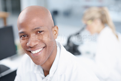 Buy stock photo Closeup portrait of a smiling young scientist