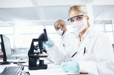 Buy stock photo Vaccine, research and microscope with portrait of woman in laboratory for bird flu mutation, science and healthcare. Virus infection, bacteria and medical with person for cell study and face mask