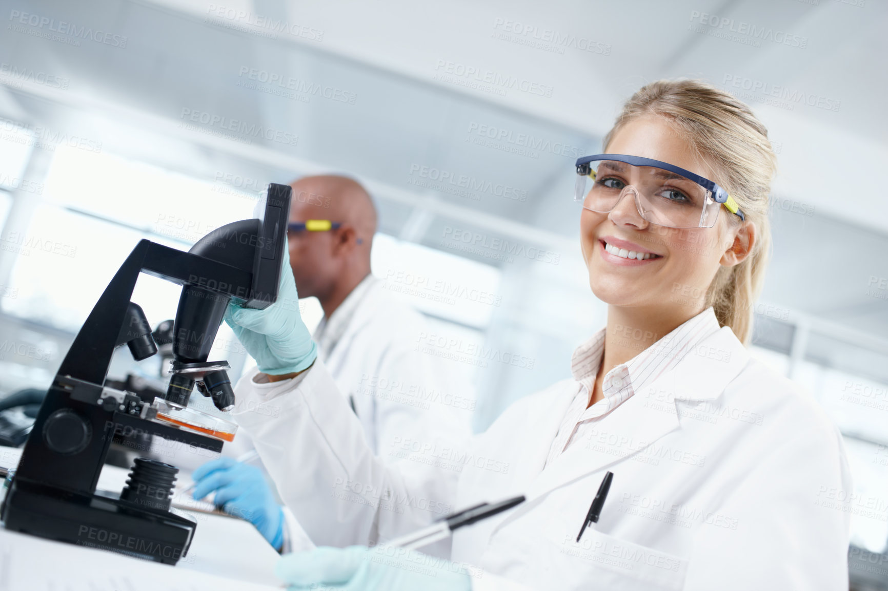 Buy stock photo Research, writing and microscope with portrait of woman in laboratory for bird flu mutation, vaccine and healthcare. Virus infection, science and medical with person for cell study and notebook