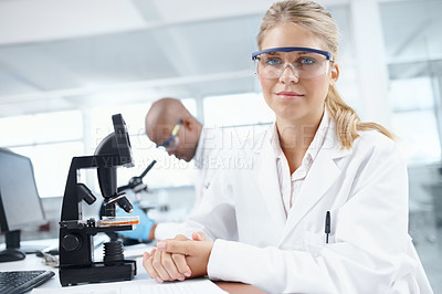 Buy stock photo Science, bacteria and microscope with portrait of woman in laboratory for bird flu mutation, vaccine and healthcare. Virus infection, research and medical with person for cell study and biotechnology