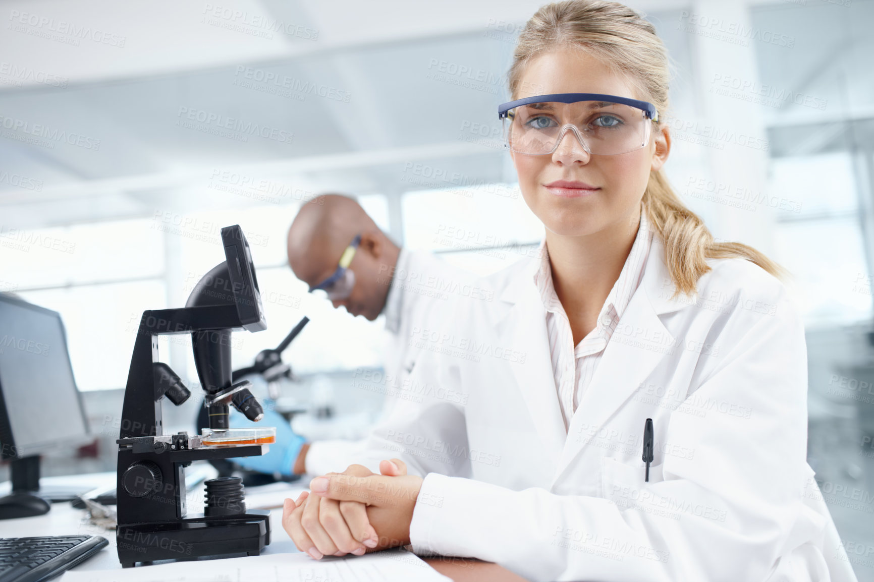Buy stock photo Science, bacteria and microscope with portrait of woman in laboratory for bird flu mutation, vaccine and healthcare. Virus infection, research and medical with person for cell study and biotechnology
