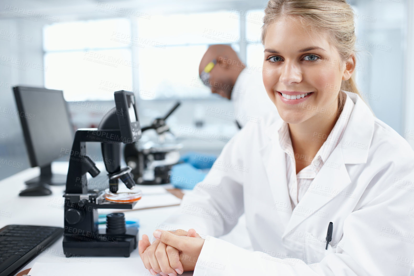 Buy stock photo Science, smile and microscope with portrait of woman in laboratory for bird flu mutation, vaccine and healthcare. Virus infection, bacteria and medical with person for cell research and biotechnology