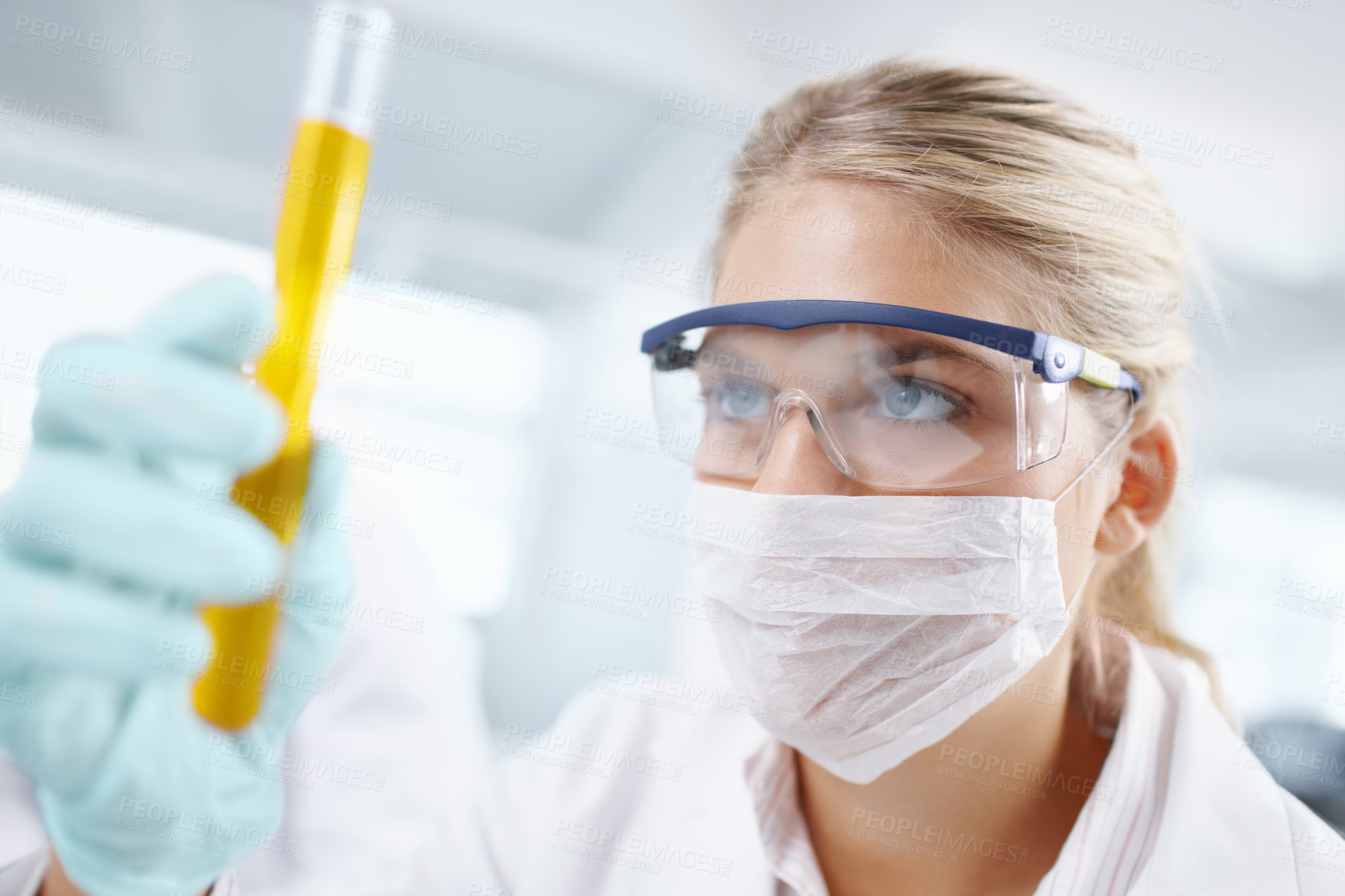 Buy stock photo Woman, scientist and vial analysis in laboratory, medical study and tool for chemical measurement. Female person, doctor and container for pharmacology research, instrument and reaction experiment