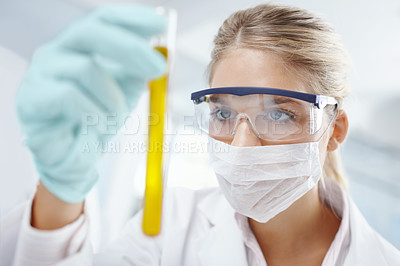 Buy stock photo Woman, scientist and tube analysis in laboratory, medical study and tool for chemical measurement. Female person, doctor and vial thinking for pharmacology research, biology and reaction experiment