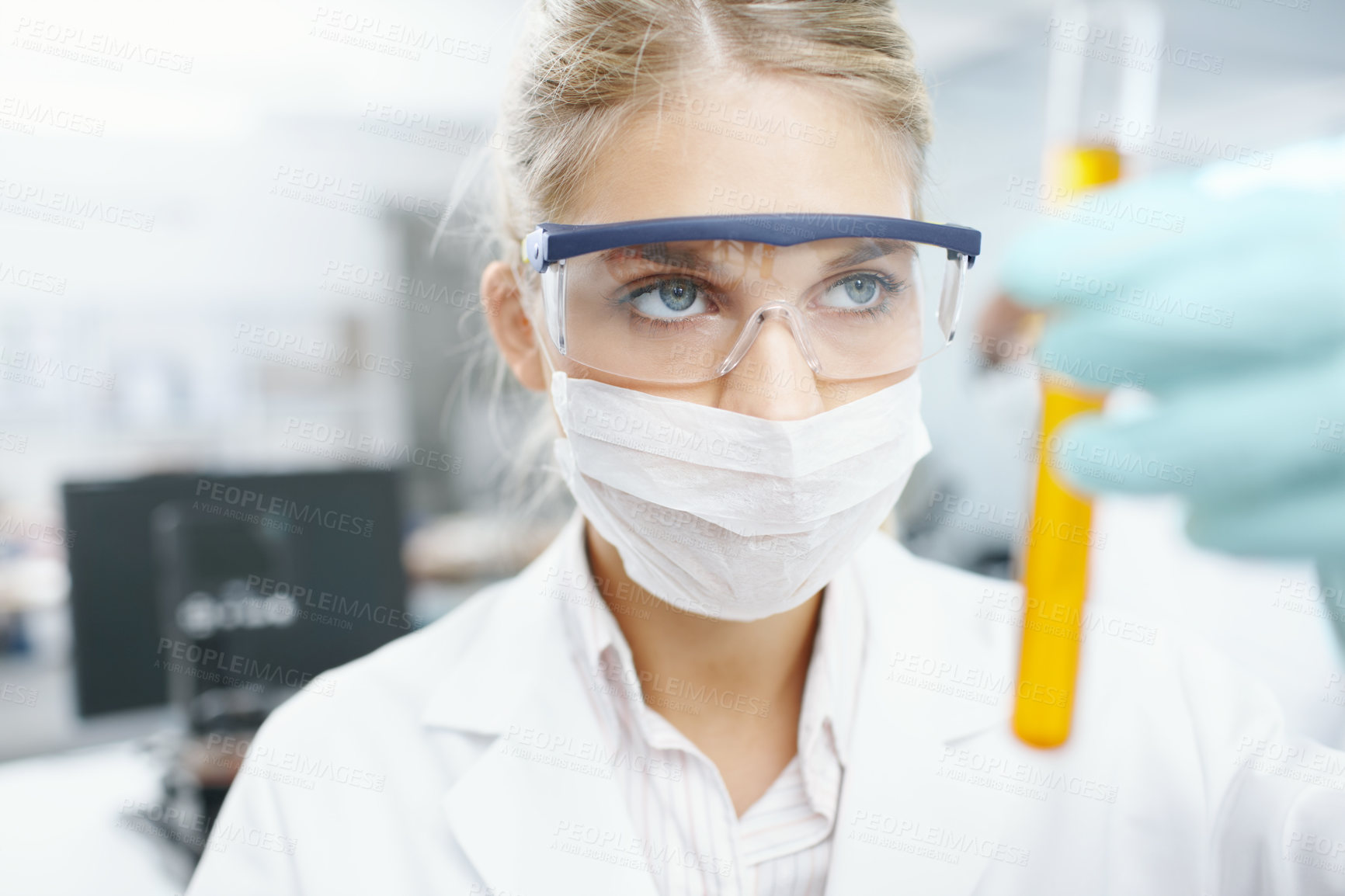 Buy stock photo Woman, liquid tube and scientist for analysis in clinic, lab technician and urine test for drugs. Female person, biology research and monitor fluid for disease or infection, check protein and exam