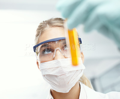Buy stock photo Closeup of a female scientist looking at a test tube filled with liquid 