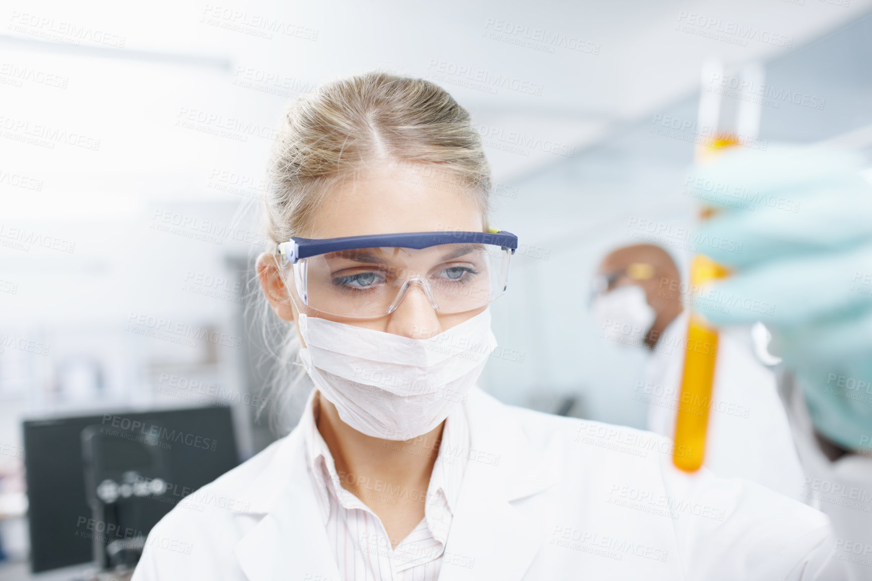 Buy stock photo Woman, liquid vial and scientist for test in clinic, lab technician and urine analysis for drugs. Female person, chemistry research and monitor fluid for disease or infection, check protein and exam