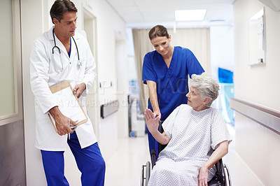 Buy stock photo A female nurse pushing a senior patient in a wheelchair down the corridor while she talks with her doctor