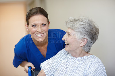 Buy stock photo Portrait of a nurse and her senior patient
