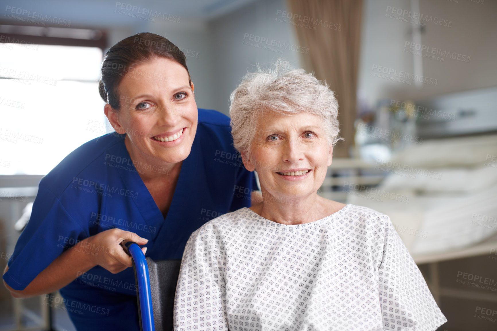 Buy stock photo Face, healthcare and senior woman with disability, smile and assisted living for recovery and caregiver. Happy, retirement and elderly person with nurse, service and help for patient in hospital