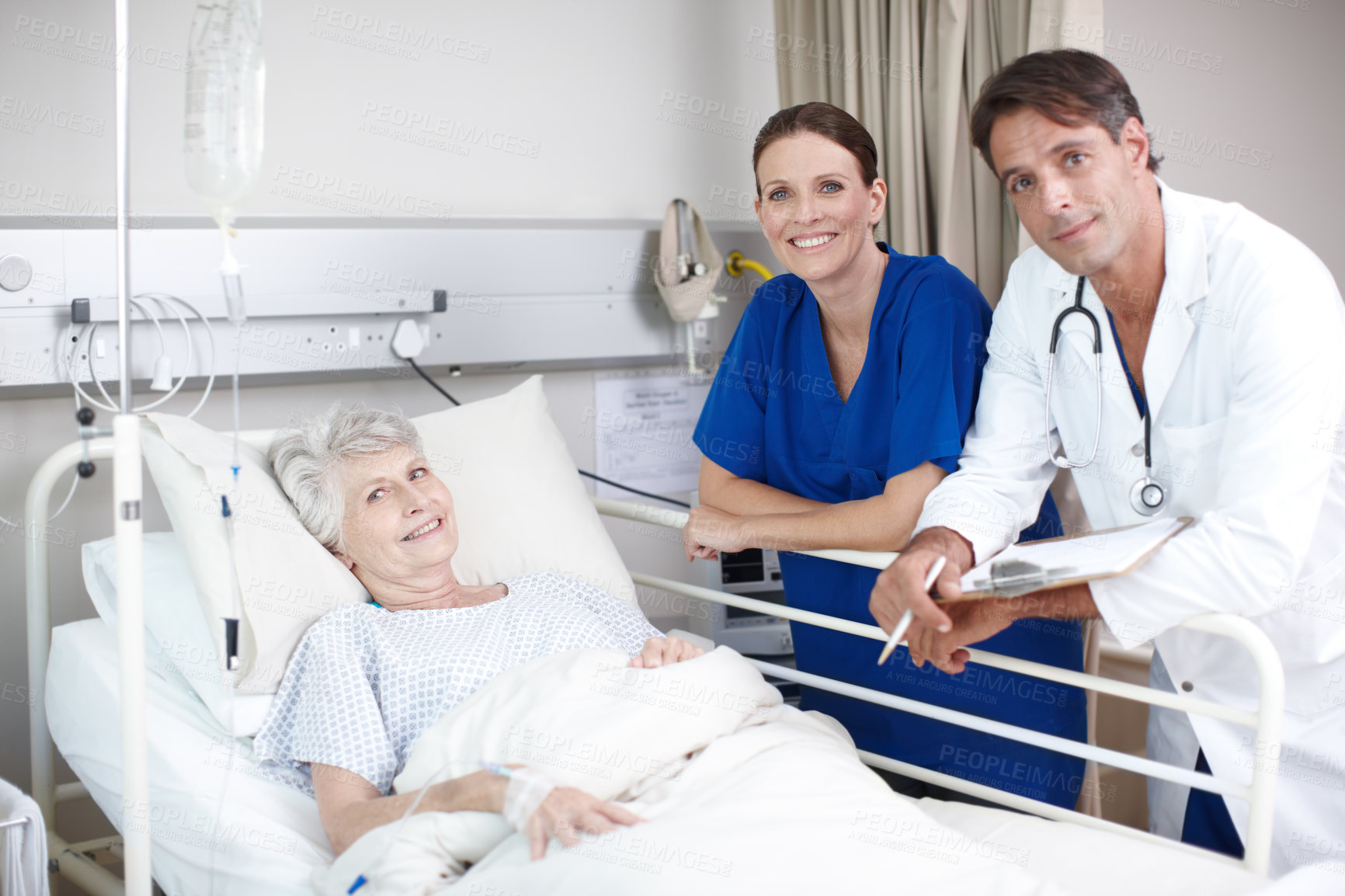 Buy stock photo Medical, team and patient portrait in hospital bed for healthcare results, surgery information or checkup. Senior woman, nurse or doctor with clipboard in clinic for health support and rehabilitation