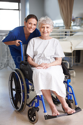 Buy stock photo Portrait of a nurse and a senior patient sitting in a wheelchair