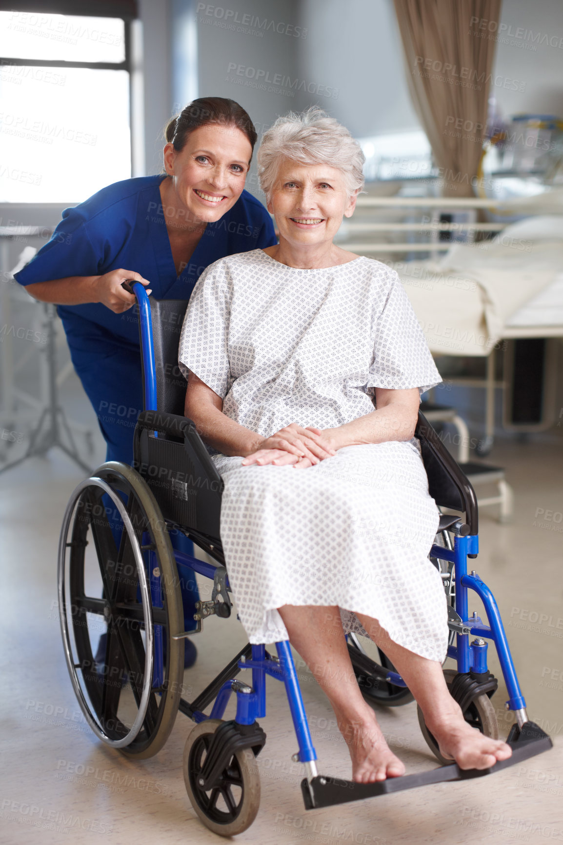 Buy stock photo Portrait, help and senior woman with disability, smile and assisted living for recovery and caregiver. Happy, retirement and elderly person with nurse, service and healthcare for patient in hospital