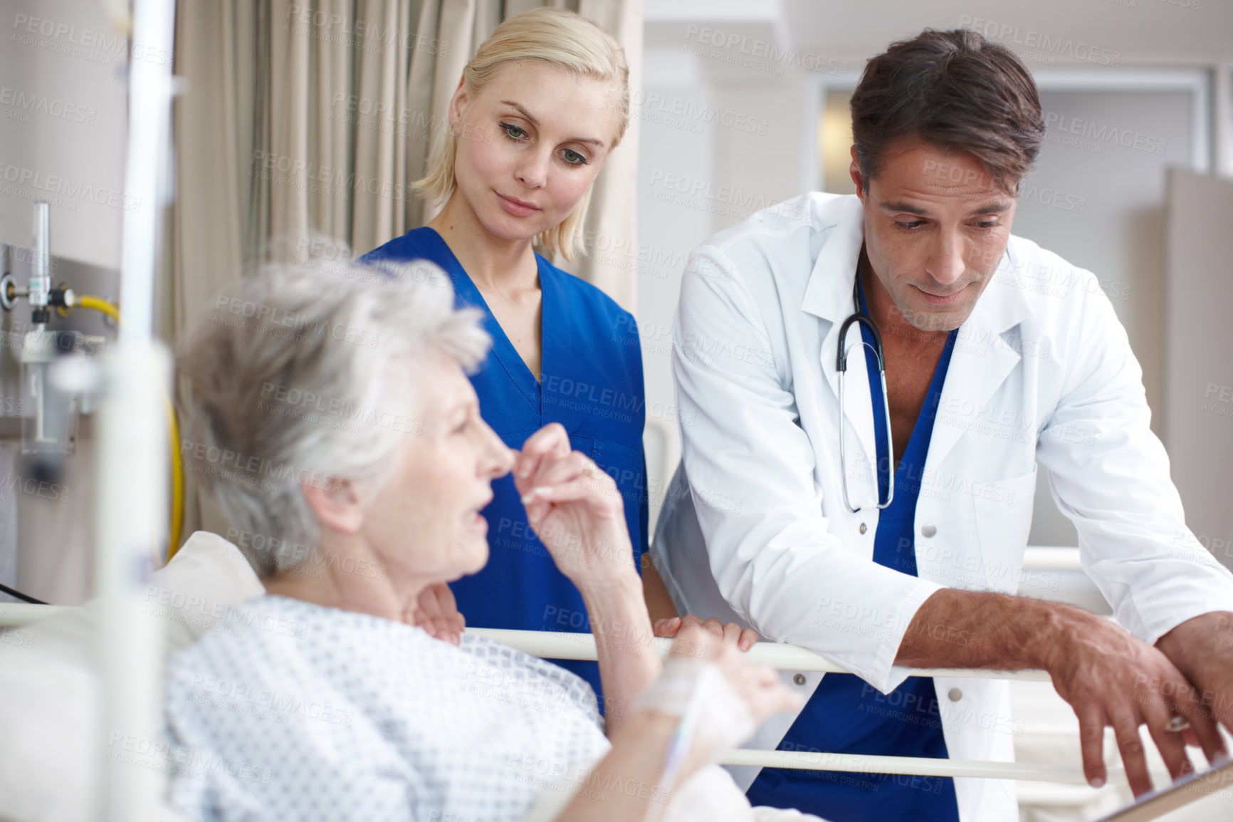 Buy stock photo Medical, doctor or old woman in hospital bed talking to elderly patient for feedback or results. Nurse, diagnosis or healthcare worker in clinic consulting senior person in retirement with assistant