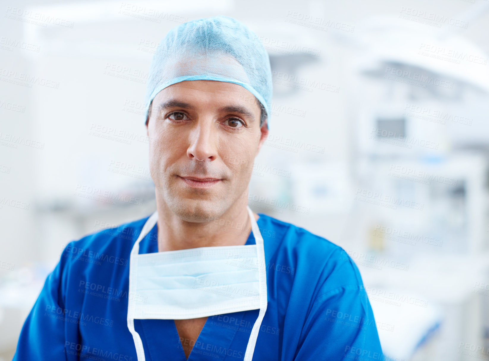 Buy stock photo Healthcare, surgeon and portrait of man with confidence, trust and expert consultant in hospital icu. Health insurance, cardiology and medical professional in operating room with care, ppe and pride