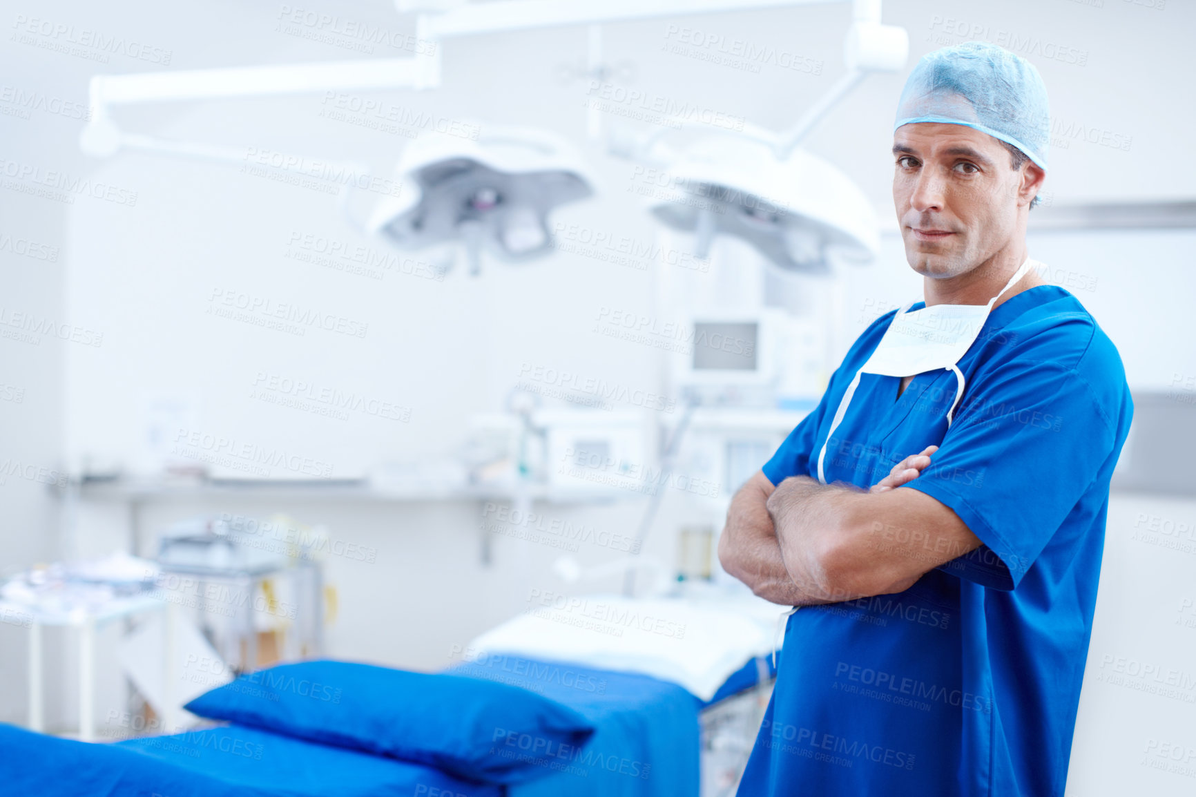 Buy stock photo Pride, portrait and male person as surgeon in clinic for heart transplant, cardiology and operation. Doctor, medical professional and specialist for theater, surgery and healthcare with arms crossed