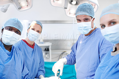 Buy stock photo People, teamwork or surgeons in portrait for surgery emergency accident or healthcare in hospital clinic. Medical, mask or doctors in surgical scrubs in operating room for group, operation or help