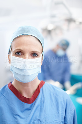 Buy stock photo Ppe, portrait and female person as doctor in theater for heart transplant, cardiology or consultation. Surgeon, medical professional and specialist in clinic, surgery and healthcare in operating room