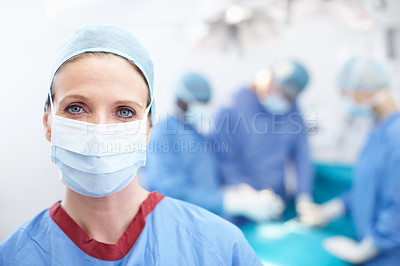 Buy stock photo Ppe, portrait and female person as surgeon in theater for heart transplant, cardiology and operation. Doctors, medical professional and specialist in clinic, surgery and healthcare in operating room