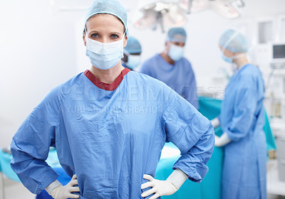 Buy stock photo Portrait, woman and doctor with confidence in theater, medical surgery and procedure for staff. Hospital, team leader and surgeon with pride for operating room, healthcare and face mask for safety