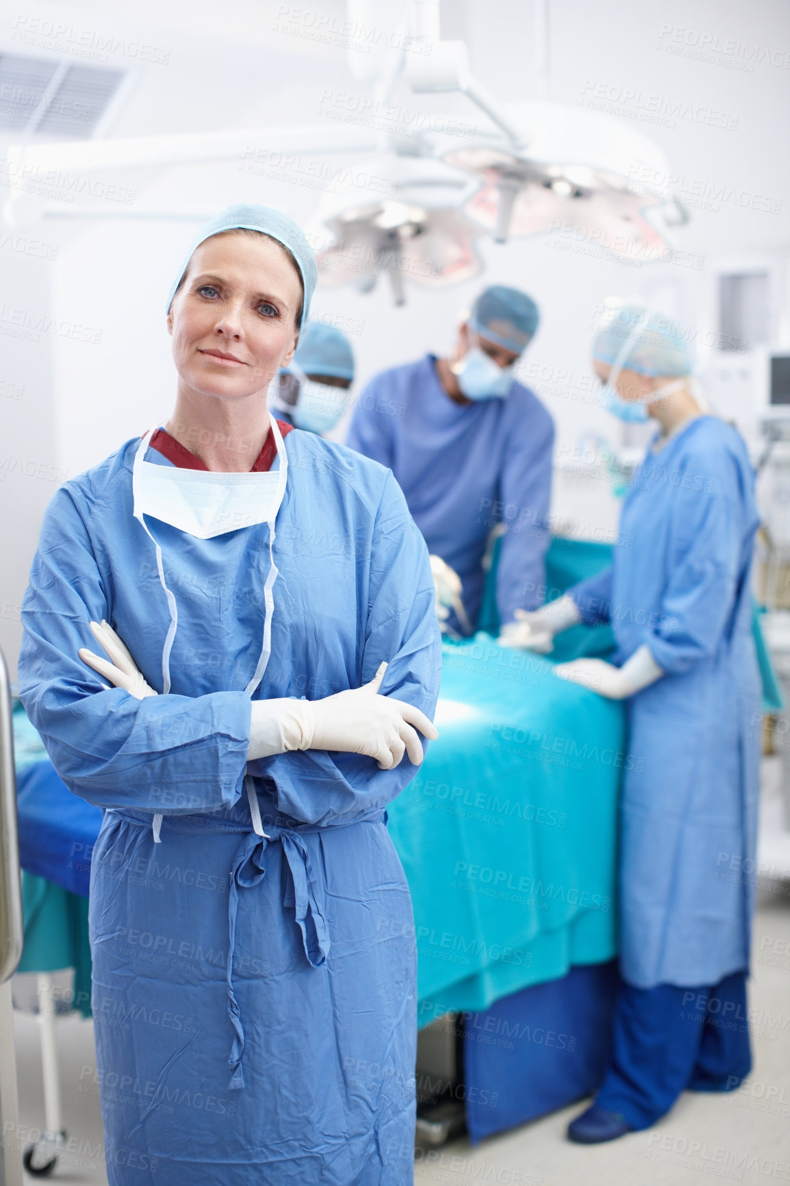 Buy stock photo Arms crossed, woman and doctor in portrait for theater, medical surgery and procedure for staff. Hospital, team leader and surgeon with pride for operating room, healthcare and ppe uniform for safety