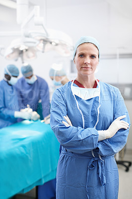 Buy stock photo Portrait, woman and doctor in hospital for theater, medical surgery and procedure for staff. Arms crossed, team leader and surgeon with pride for operating room, healthcare and ppe uniform for safety