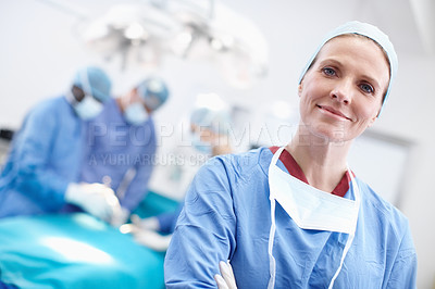 Buy stock photo Ppe, portrait and happy woman as surgeon in theater for heart transplant, cardiology or consultation. Doctors, medical professional and specialist in clinic, surgery and healthcare in operating room