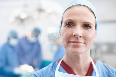 Buy stock photo Woman, proud or surgeon in portrait for surgery, emergency accident or healthcare in hospital theater. Trust, face or doctors in surgical gear in operating room for medical safety, operation or help