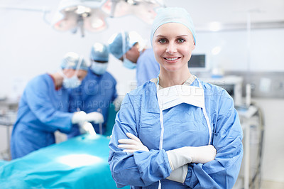 Buy stock photo Portrait, woman and doctor in healthcare for theater, medical surgery and procedure for staff. Hospital, team leader and surgeon with smile for operating room, arms crossed and ppe uniform for safety
