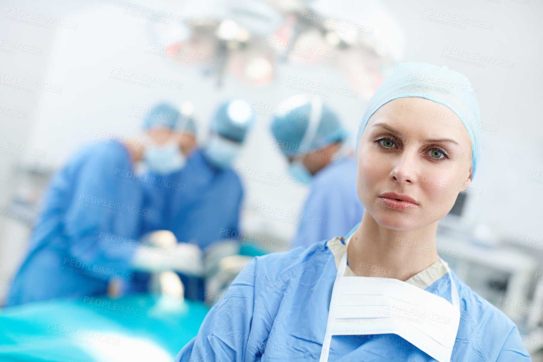 Buy stock photo Woman, theater or surgeon in portrait for operation, emergency accident or healthcare in hospital clinic. Serious, face or doctor in surgical gear in operating room for medical safety or surgery help