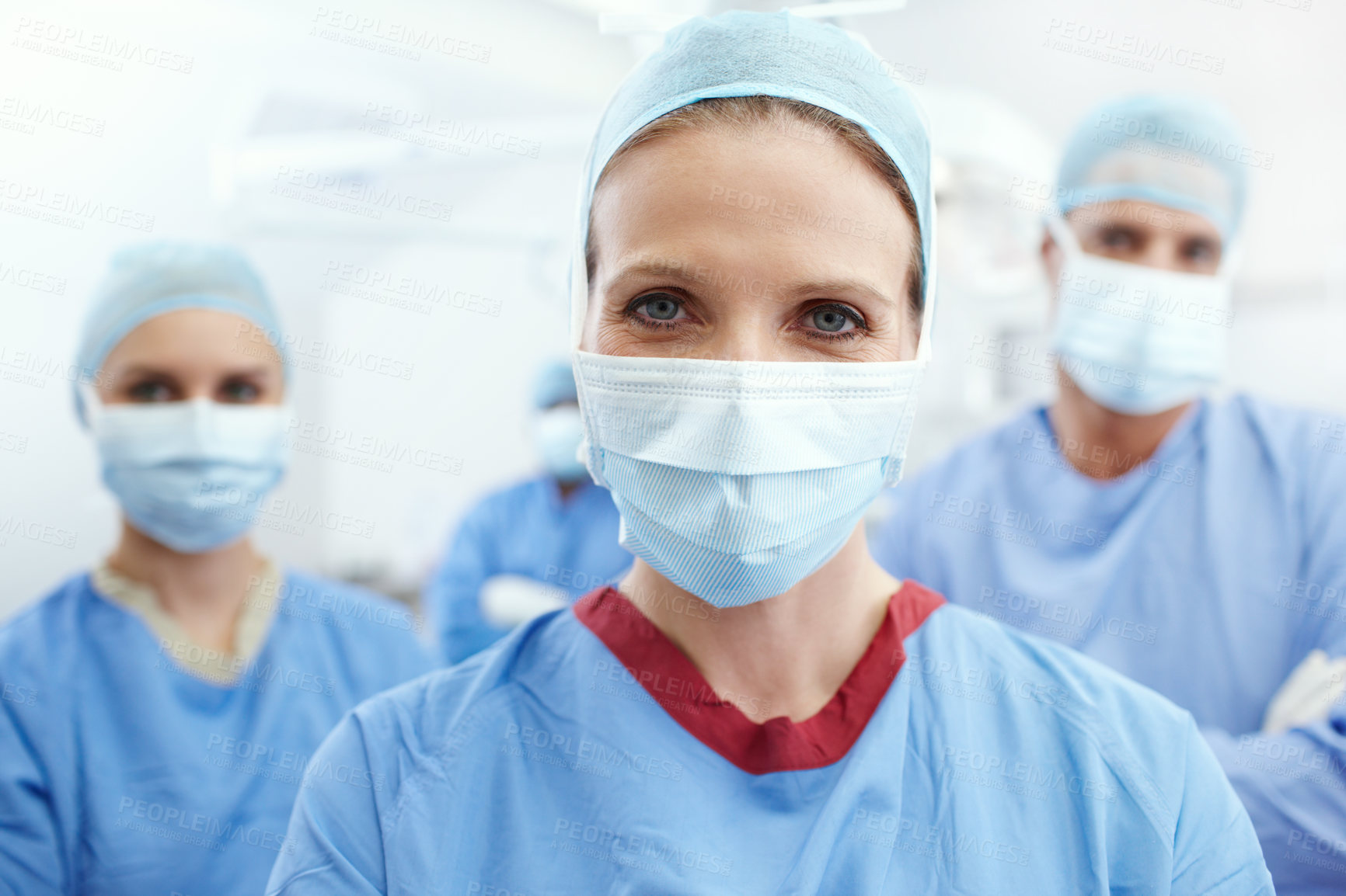 Buy stock photo People, mask or surgeon in portrait for safety, emergency accident or leadership in hospital theater. Teamwork, woman or doctor in surgical gear in operating room for medical health or operation help
