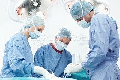 Buy stock photo Hospital, cardiology and doctor procedure in operating room for patient, emergency or operation. Healthcare people, collaboration and medical surgeons with surgical tools, teamwork and clinic service