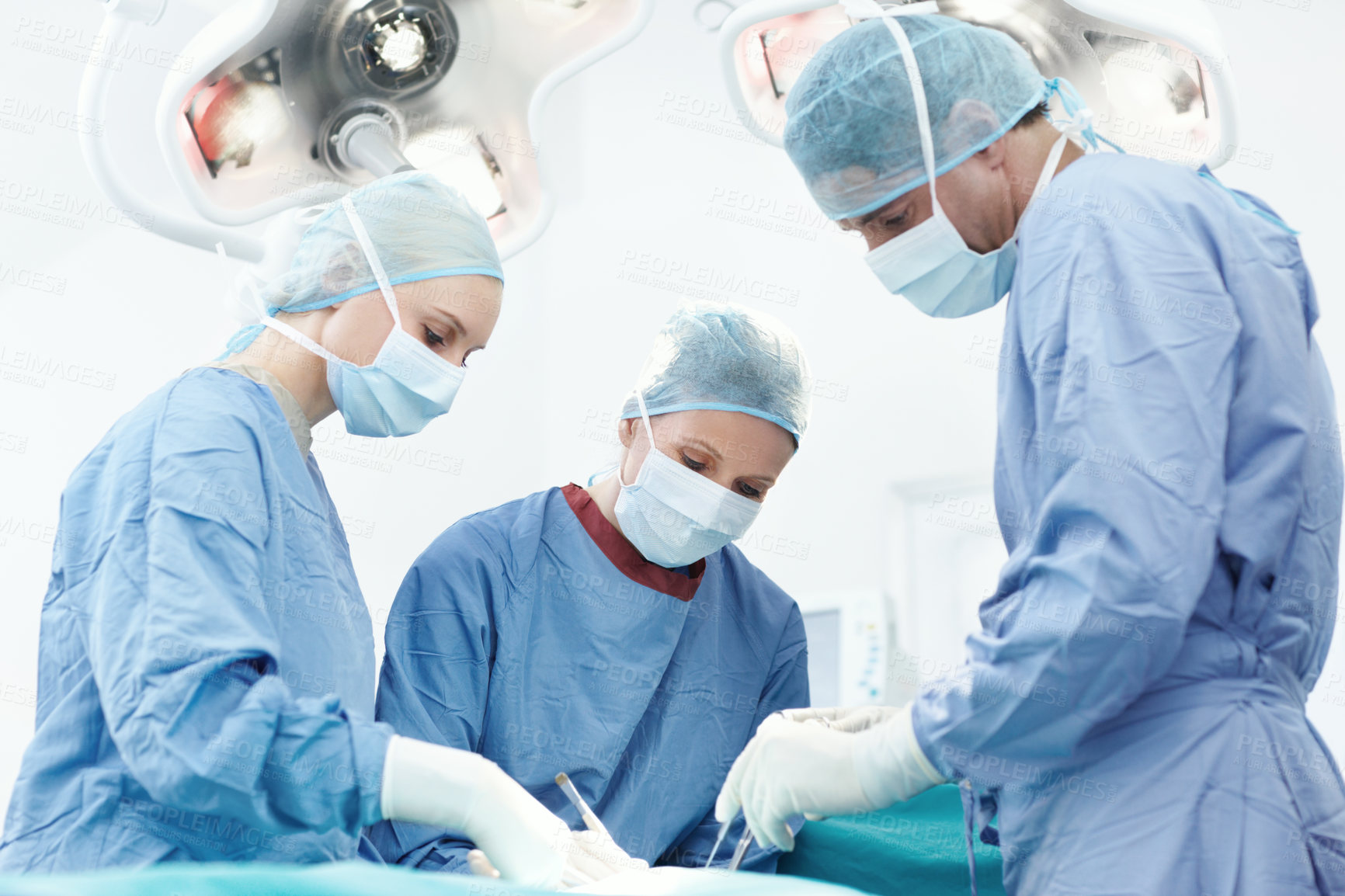 Buy stock photo Hospital, cardiology and doctor procedure in operating room for patient, emergency or operation. Healthcare people, collaboration and medical surgeons with surgical tools, teamwork and clinic service