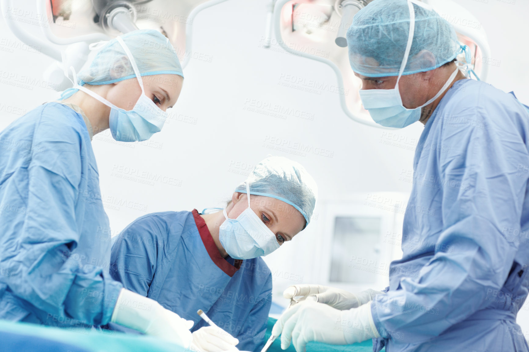 Buy stock photo People, operation or surgeons in hospital for surgery, emergency accident or healthcare in clinic theatre. Medical, mask or doctors in surgical scrubs in operating room for teamwork, cutting or help