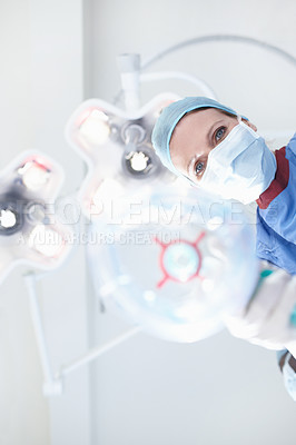 Buy stock photo Doctor, oxygen and mask for operation in theatre with anaesthesia safety, emergency procedure and ppe. Below, woman and gas machine for sleeping, surgery and medical treatment with healthcare service