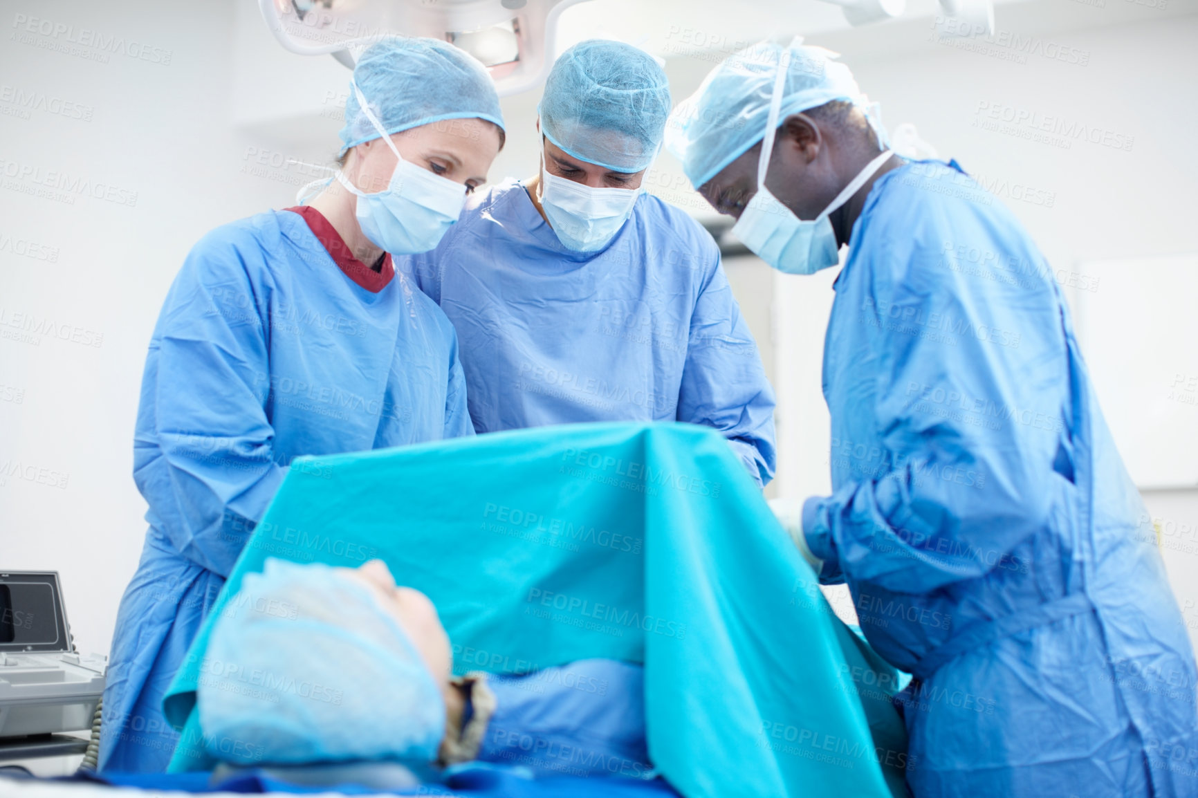 Buy stock photo Surgery, hospital and doctors collaboration in operating room for patient, emergency or operation. Healthcare people, diversity and medical surgeons with surgical tools, teamwork and clinic service