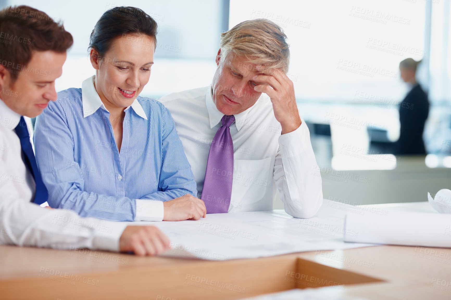 Buy stock photo Discussion, architect and people with blueprint, office and collaboration for design, paperwork and plan. Talking, teamwork and group with documents, architecture and ideas for property and project