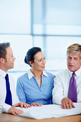 Buy stock photo Happy, architect and people with blueprint, office and collaboration for design, paperwork and planning. Talking, teamwork and group with documents, architecture and ideas for property and project