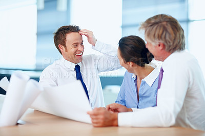 Buy stock photo Laughing, architect and people with blueprint, discussion and collaboration for design, paperwork and plan. Talking, teamwork and group with documents, architecture and ideas for property and office